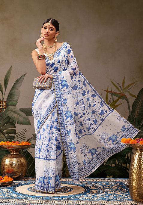 White Digital Print Cotton Blend Saree Set