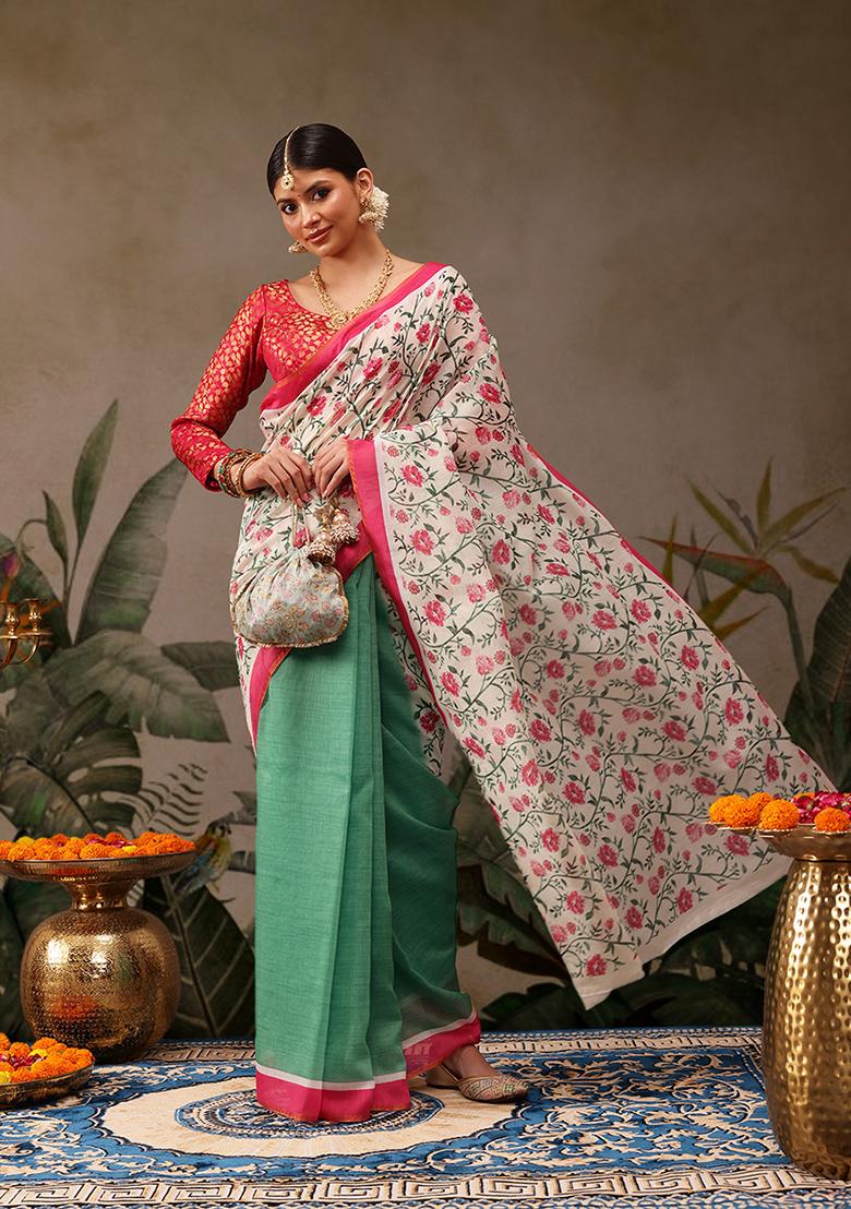 Green Digital Print Cotton Blend Saree Set