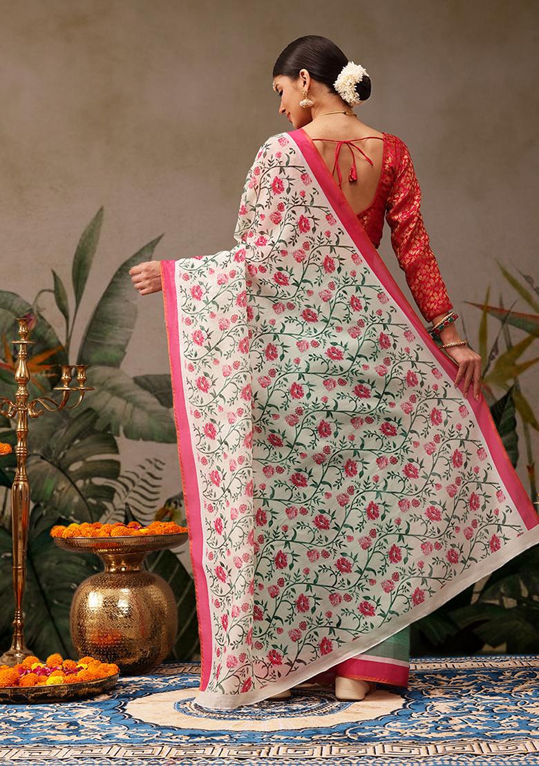 Green Digital Print Cotton Blend Saree Set