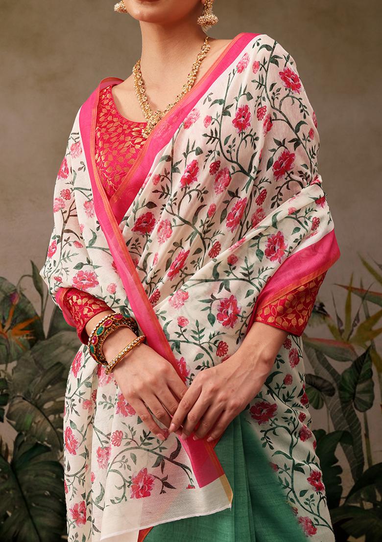 Green Digital Print Cotton Blend Saree Set