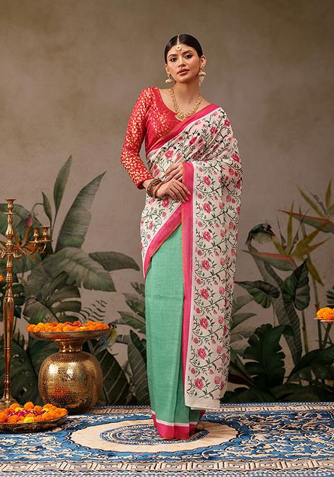 Green Digital Print Cotton Blend Saree Set