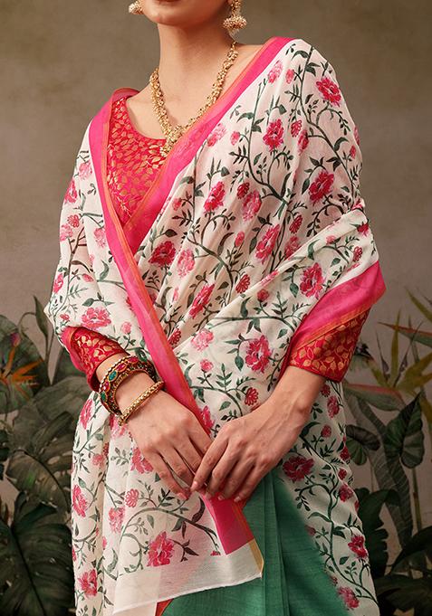 Green Digital Print Cotton Blend Saree Set