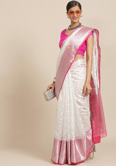 White Woven Kanjivaram Silk Saree Set