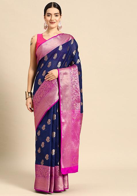 Navy Blue Woven Banarasi Art Silk Saree Set