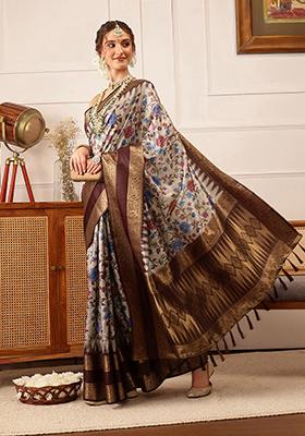 Beige Zari Woven Banarasi Soft Silk Saree Set