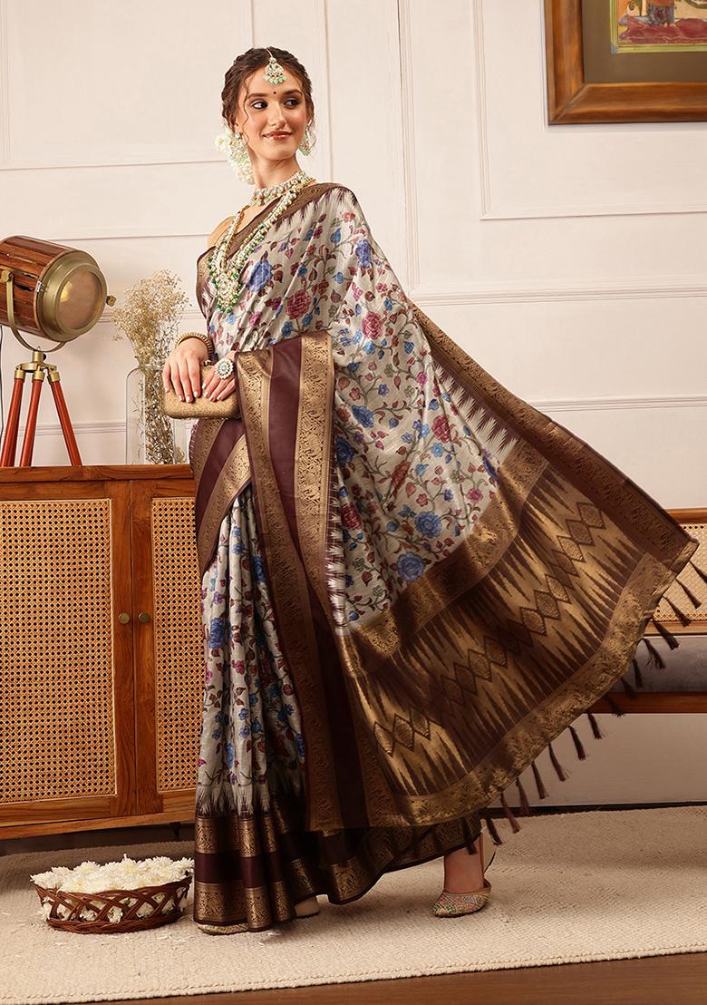 Beige Zari Woven Banarasi Soft Silk Saree Set