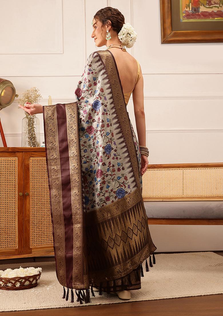 Beige Zari Woven Banarasi Soft Silk Saree Set