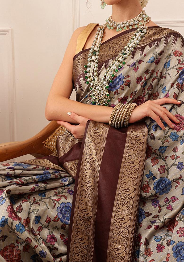 Beige Zari Woven Banarasi Soft Silk Saree Set - Indya