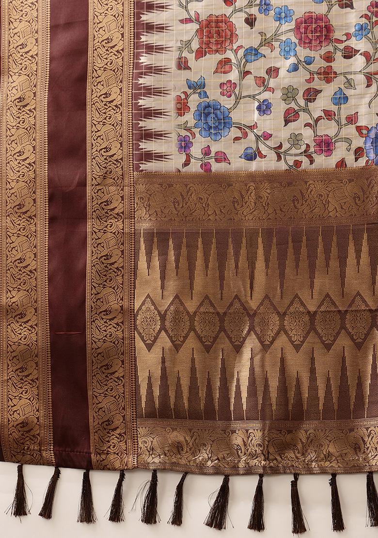 Beige Zari Woven Banarasi Soft Silk Saree Set