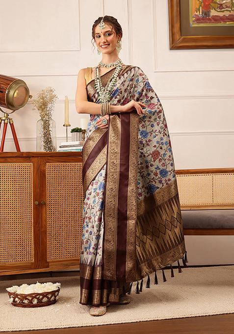 Beige Zari Woven Banarasi Soft Silk Saree Set
