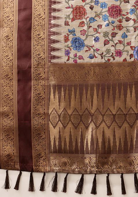 Beige Zari Woven Banarasi Soft Silk Saree Set
