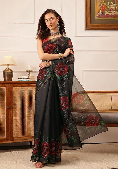 Black Digital Print Cotton Blend Saree Set