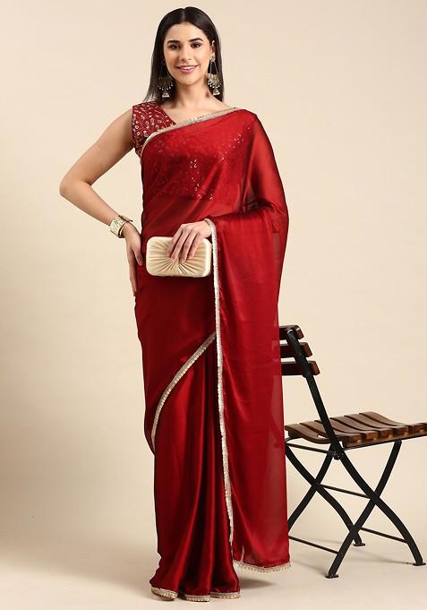 Red Solid Georgette Saree Set