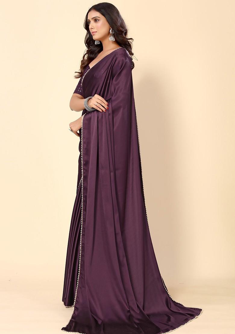 Wine Solid Satin Saree Set
