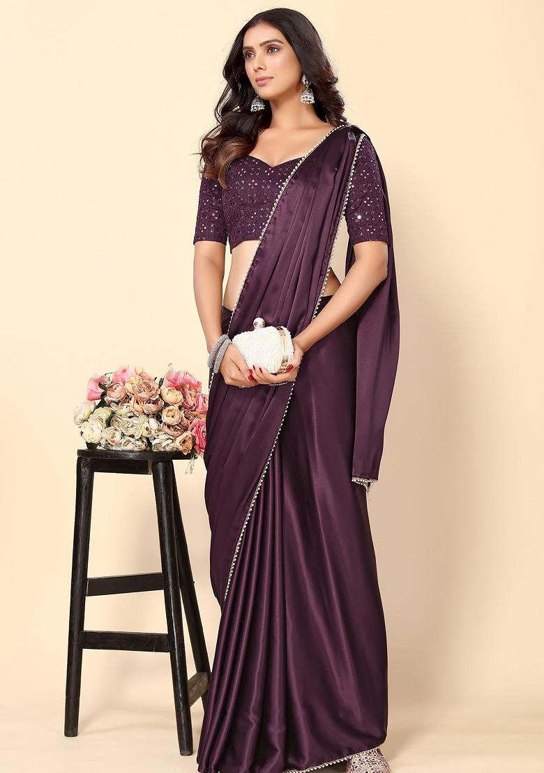 Wine Solid Satin Saree Set