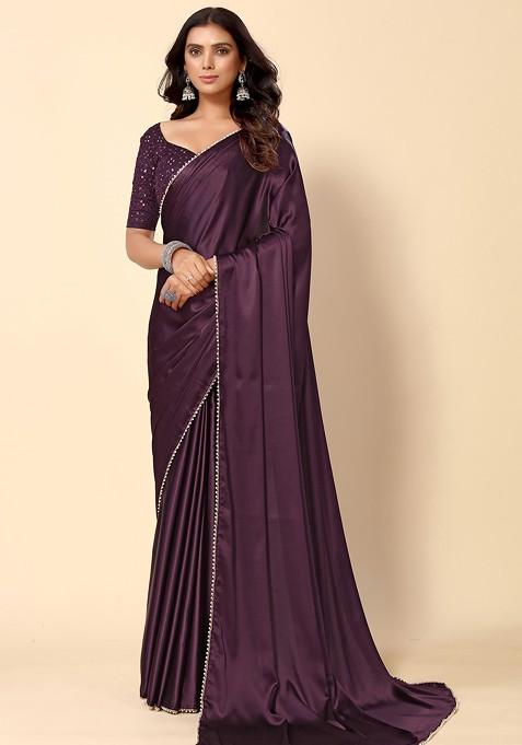 Wine Solid Satin Saree Set