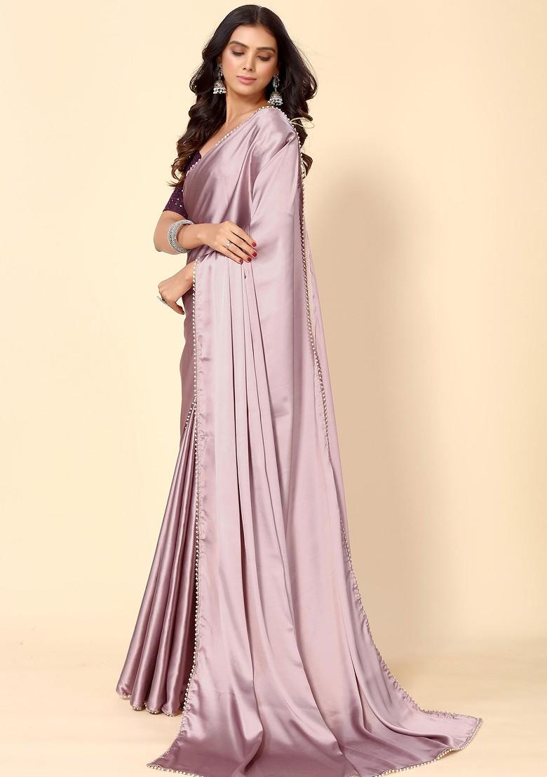 Pink Solid Satin Saree Set