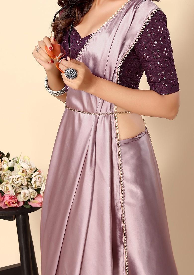 Pink Solid Satin Saree Set