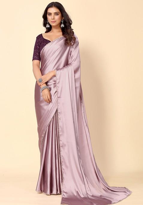 Pink Solid Satin Saree Set