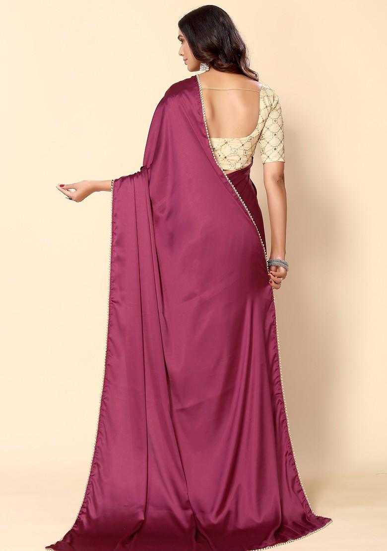 Purple Solid Satin Saree Set