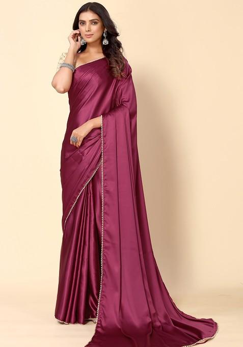 Purple Solid Satin Saree Set