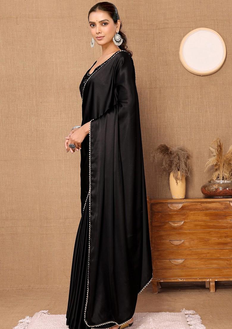 Black Solid Satin Saree Set
