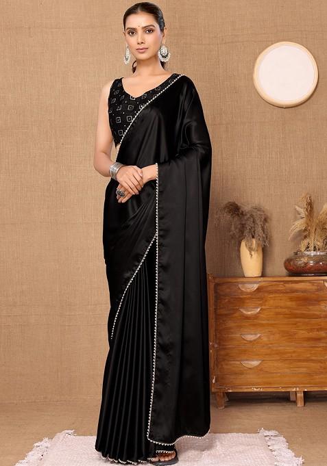 Black Solid Satin Saree Set