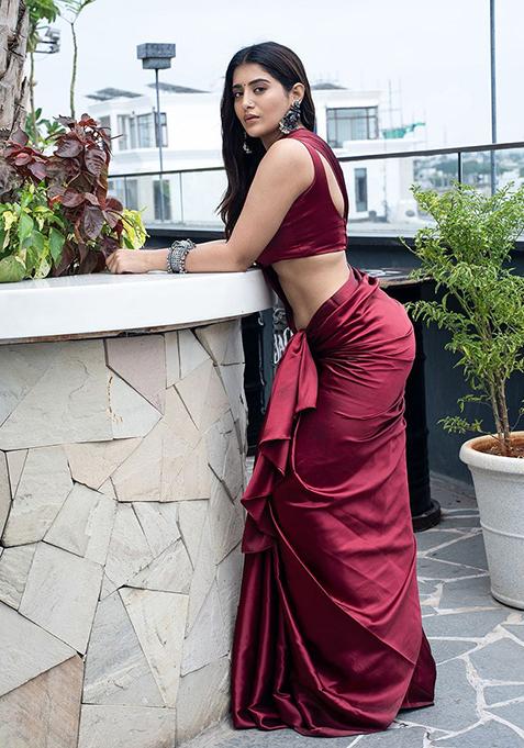 Maroon Solid Satin Saree Set