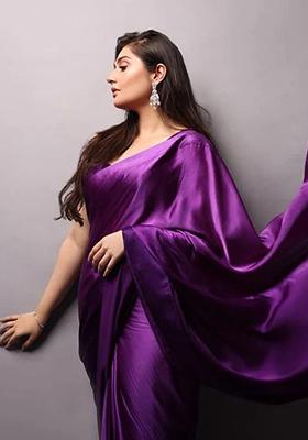 Purple Solid Satin Saree Set