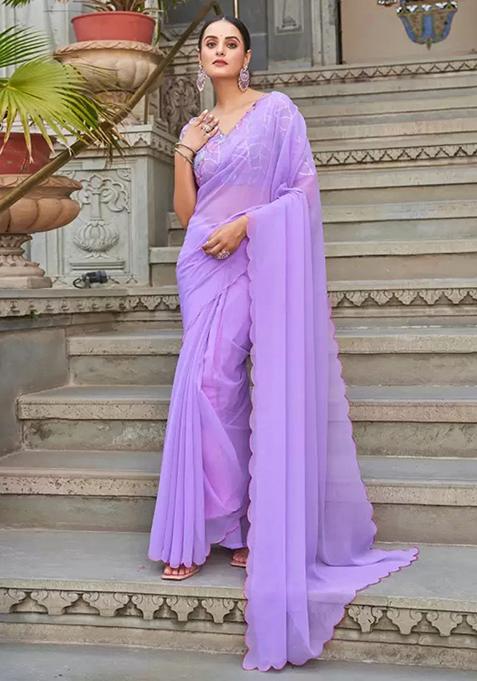 Purple Solid Georgette Saree Set