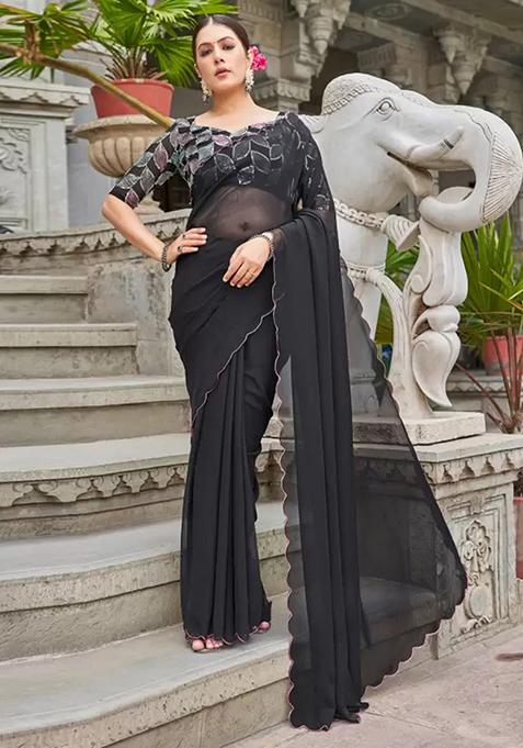 Black Solid Georgette Saree Set