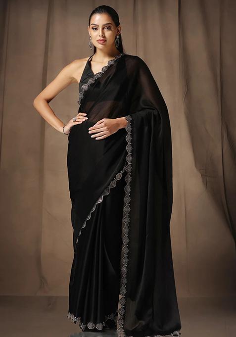 Black Solid Satin Saree Set