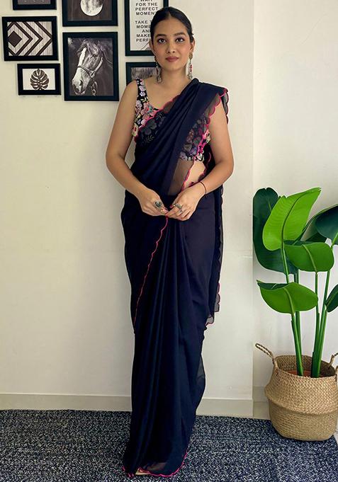 Navy Blue Solid Georgette Saree Set