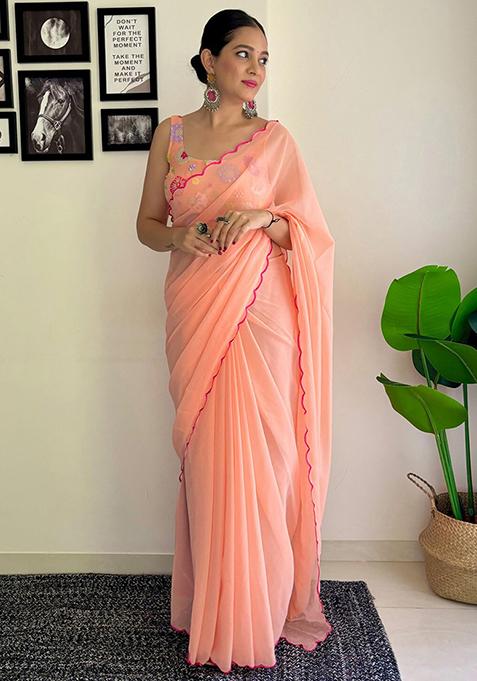 Peach Solid Georgette Saree Set