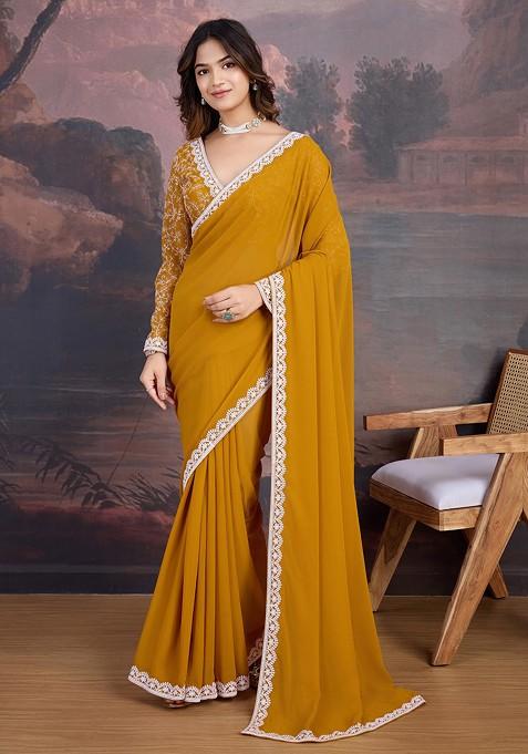 Mustard Embroidered Georgette Saree Set