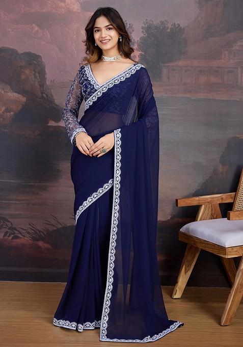 Navy Blue Embroidered Georgette Saree Set