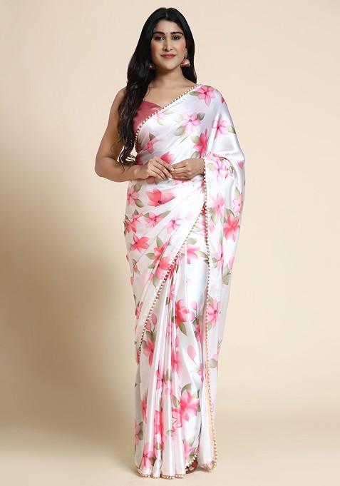 Peach Floral Print Satin Saree Set