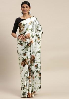 White And Black Striped Print Satin Saree Set