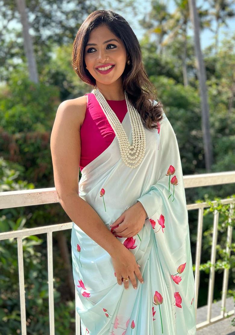 Sky Blue Floral Print Satin Saree Set