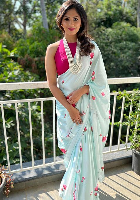 Sky Blue Floral Print Satin Saree Set