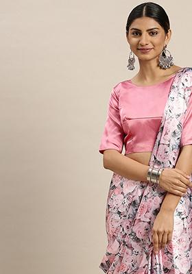 Multicolour Floral Print Satin Saree Set