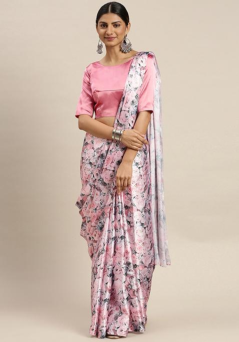 Multicolour Floral Print Satin Saree Set