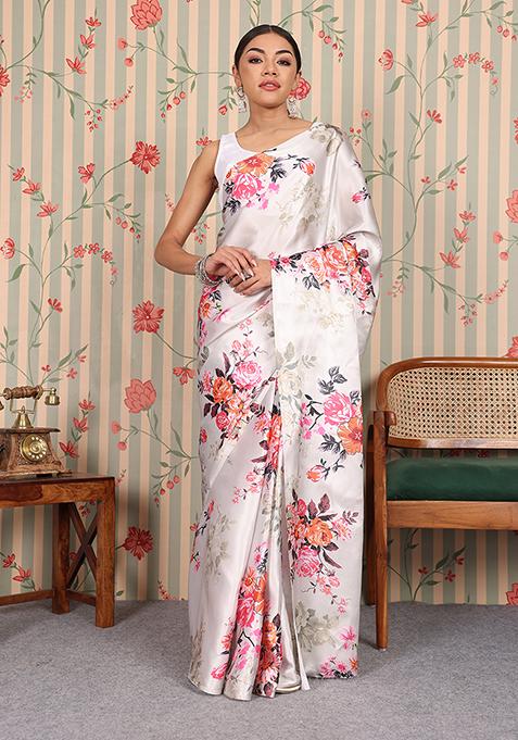 Cream Floral Print Satin Saree Set