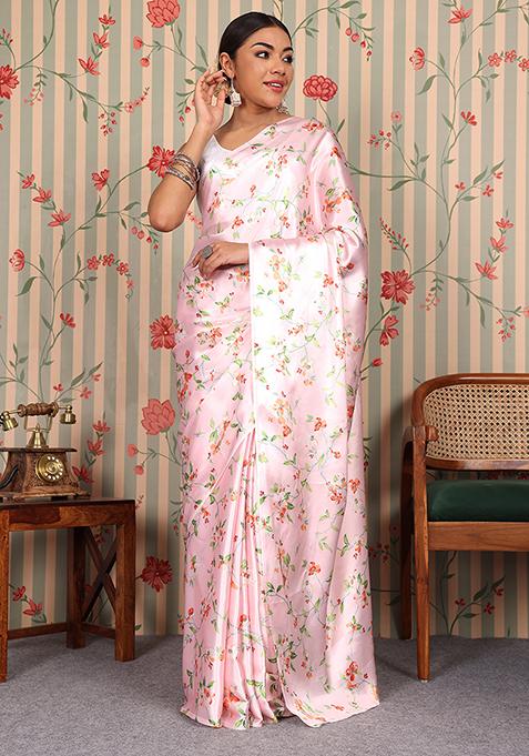 Peach Floral Print Satin Saree Set