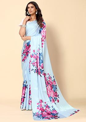 Blue Floral Print Satin Saree Set