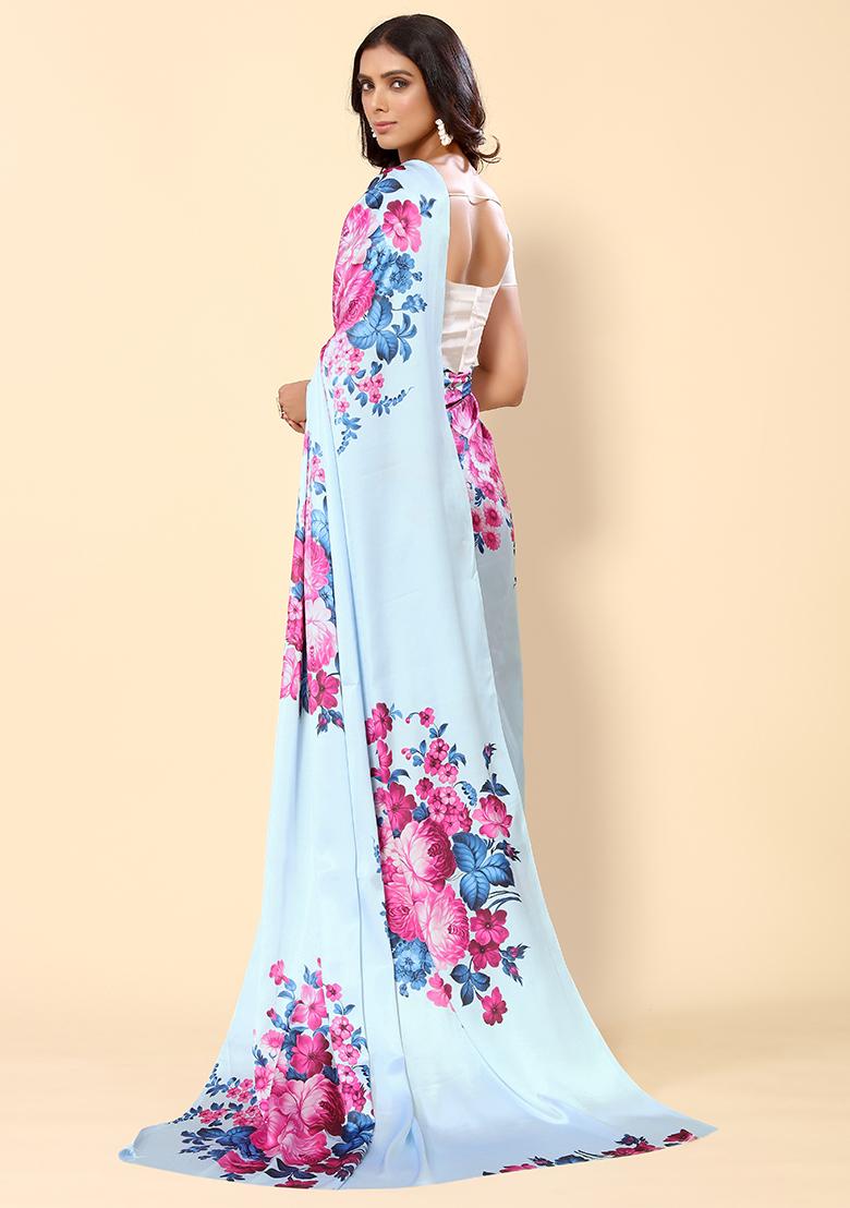 Blue Floral Print Satin Saree Set