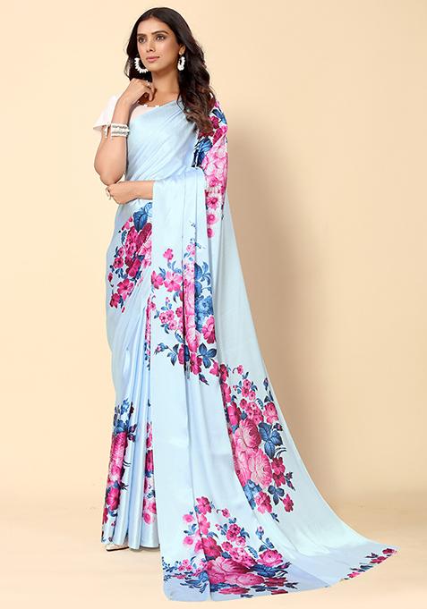 Blue Floral Print Satin Saree Set