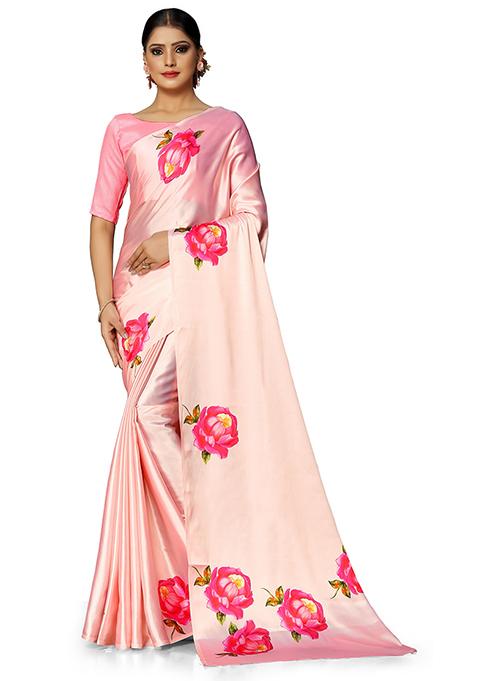 Pink Floral Print Satin Saree Set