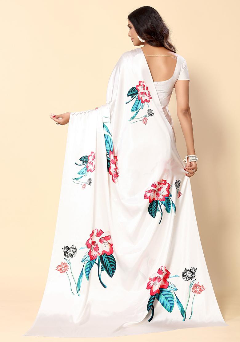 White Floral Print Satin Saree Set