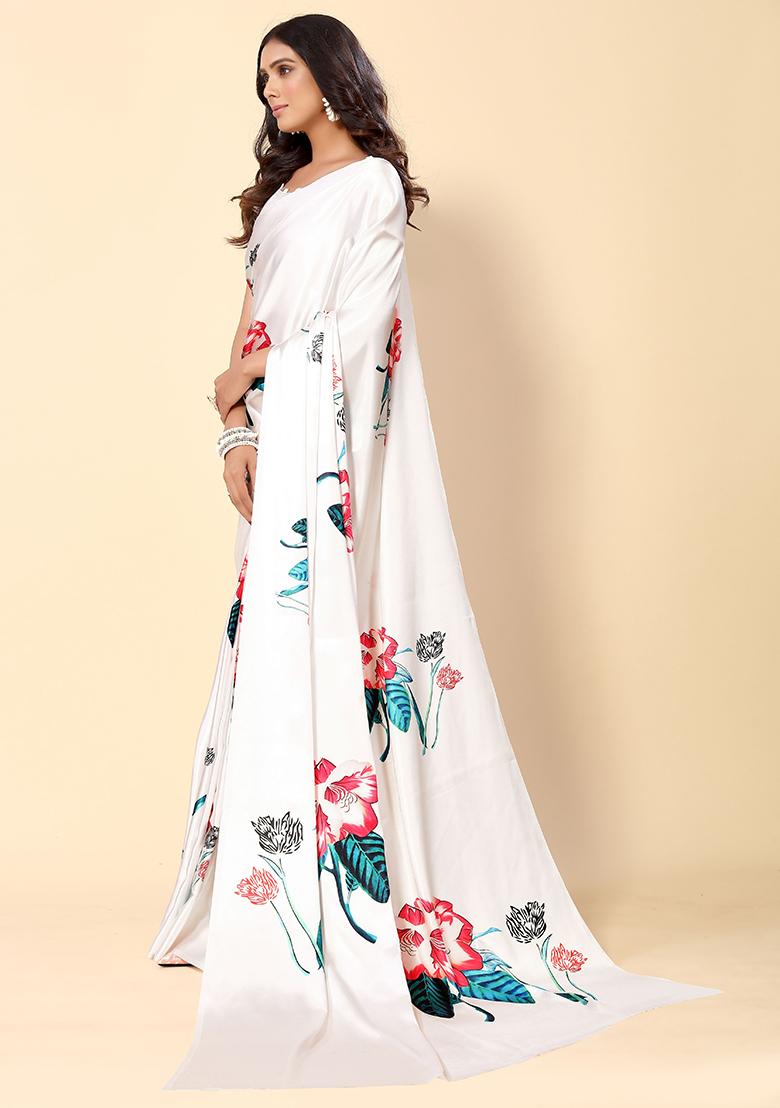 White Floral Print Satin Saree Set